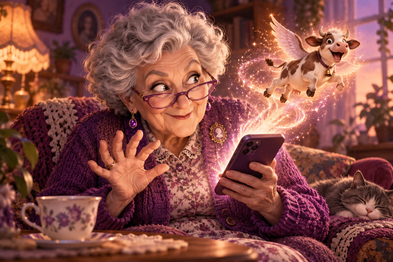 Mischievous aunt with six fingers holding a phone with a magical flying cow